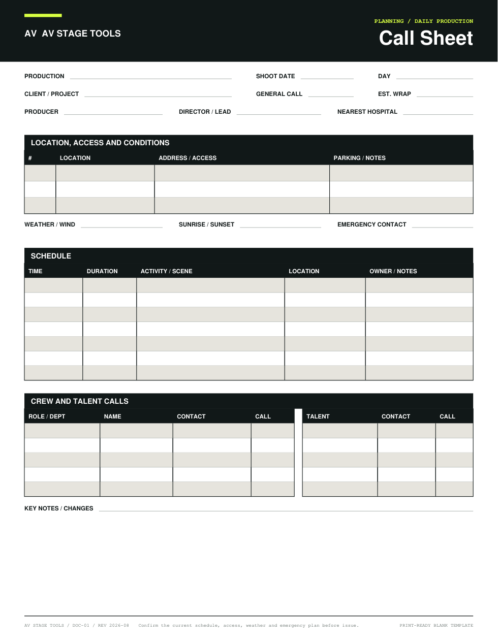 First-page preview of Call Sheet Template