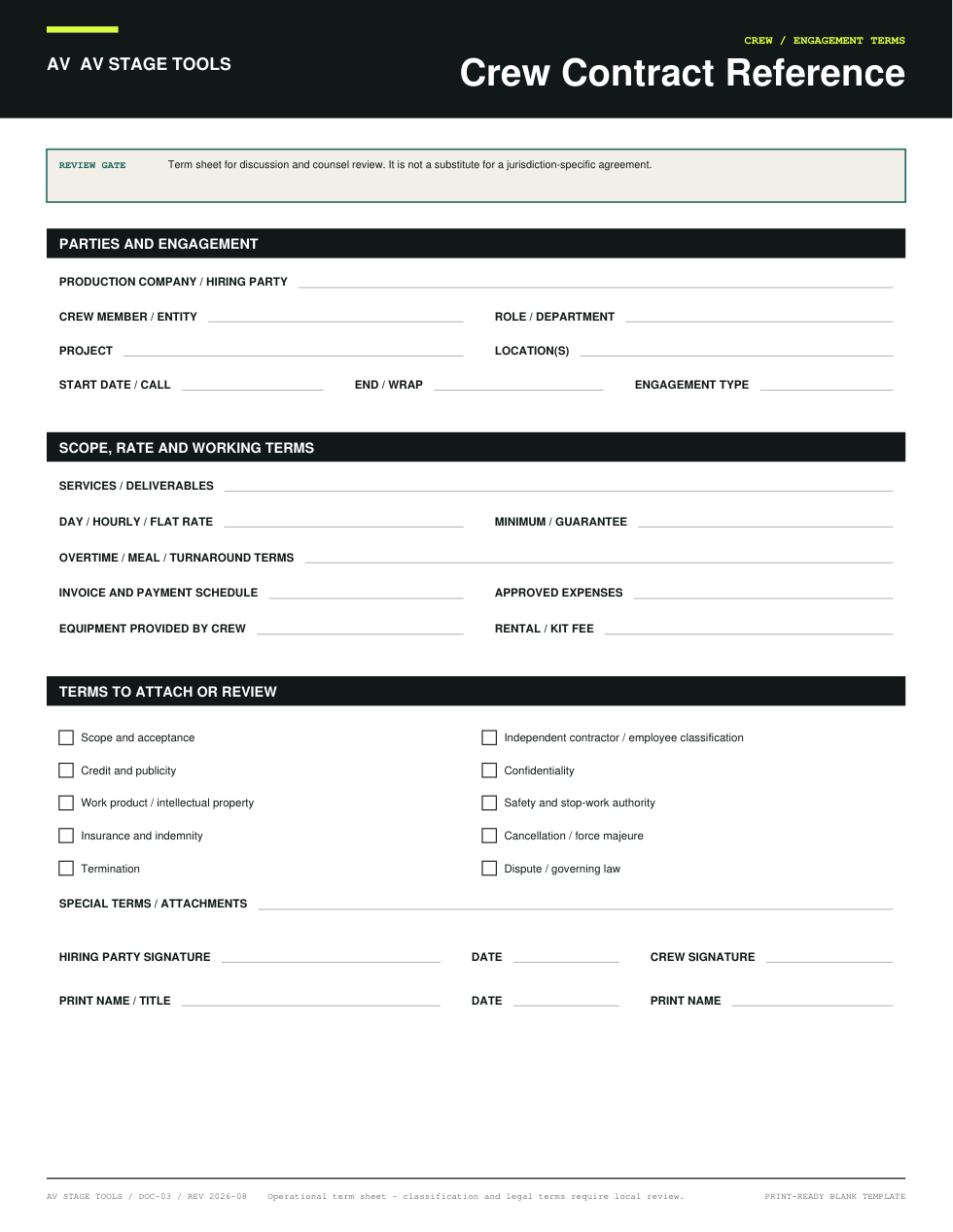 First-page preview of Crew Contract Reference