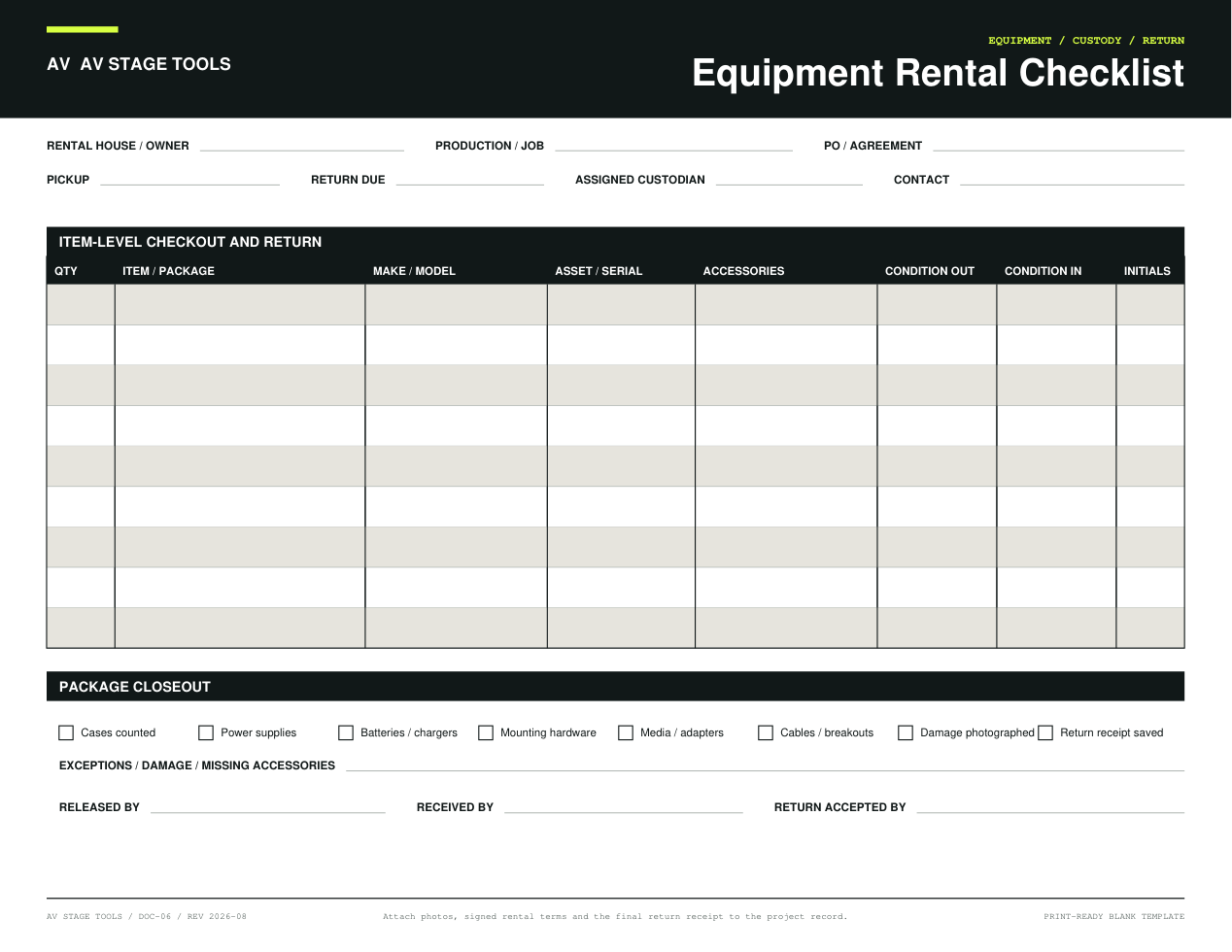 First-page preview of Equipment Rental Checklist