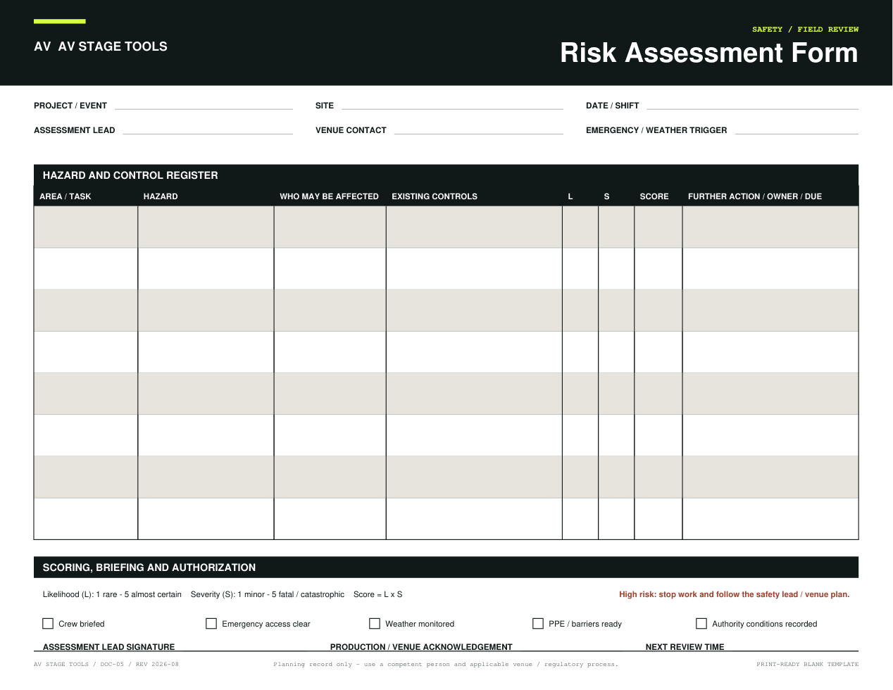 First-page preview of Risk Assessment Form