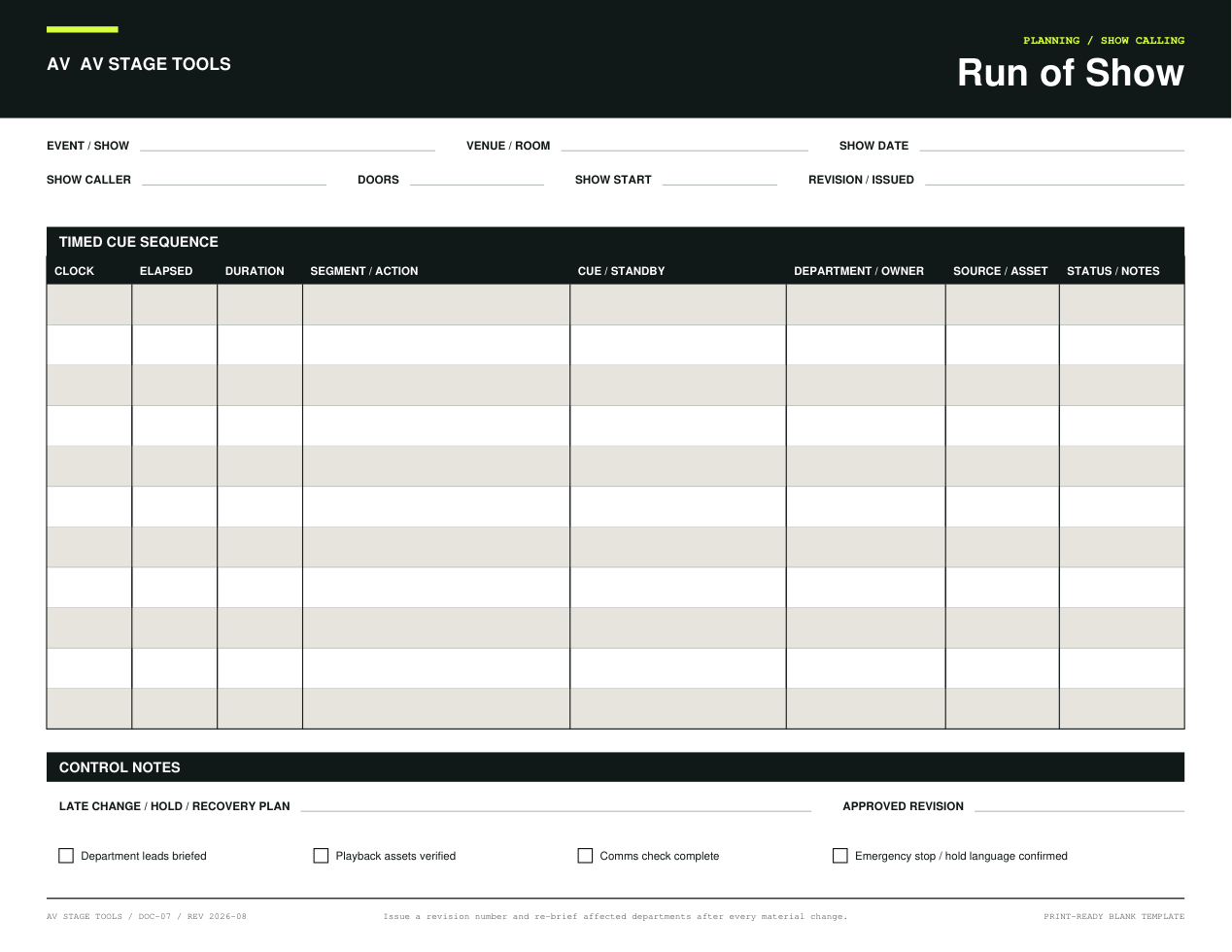 First-page preview of Run of Show Template