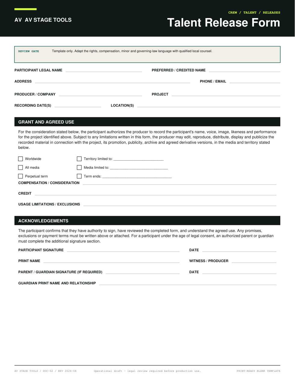 First-page preview of Talent Release Form